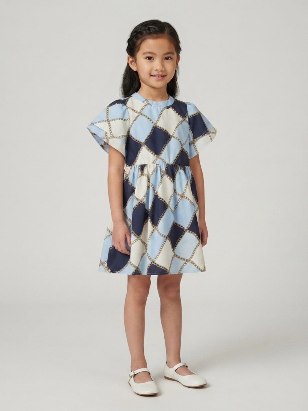 Janie and Jack Light Blue, Navy & Cream Diamond-Print Dress